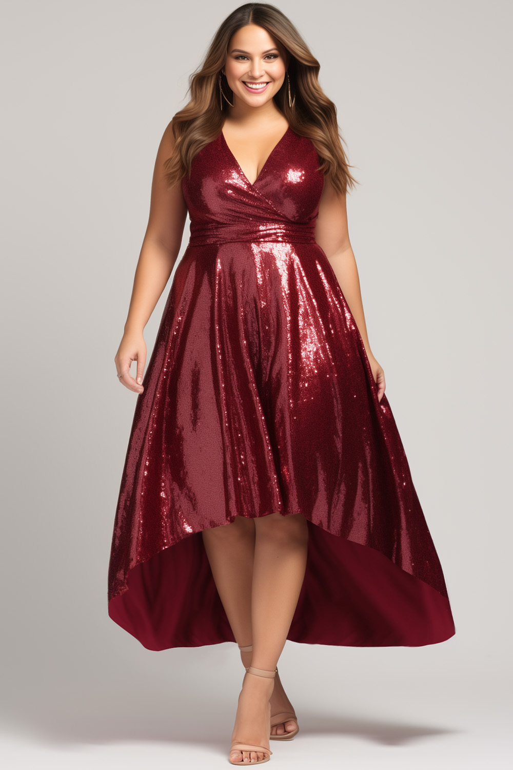 Flycurvy Plus Size Christmas Burgundy Glitter Sparkly Wrap High Low Hem Sleeveless Maxi Dress