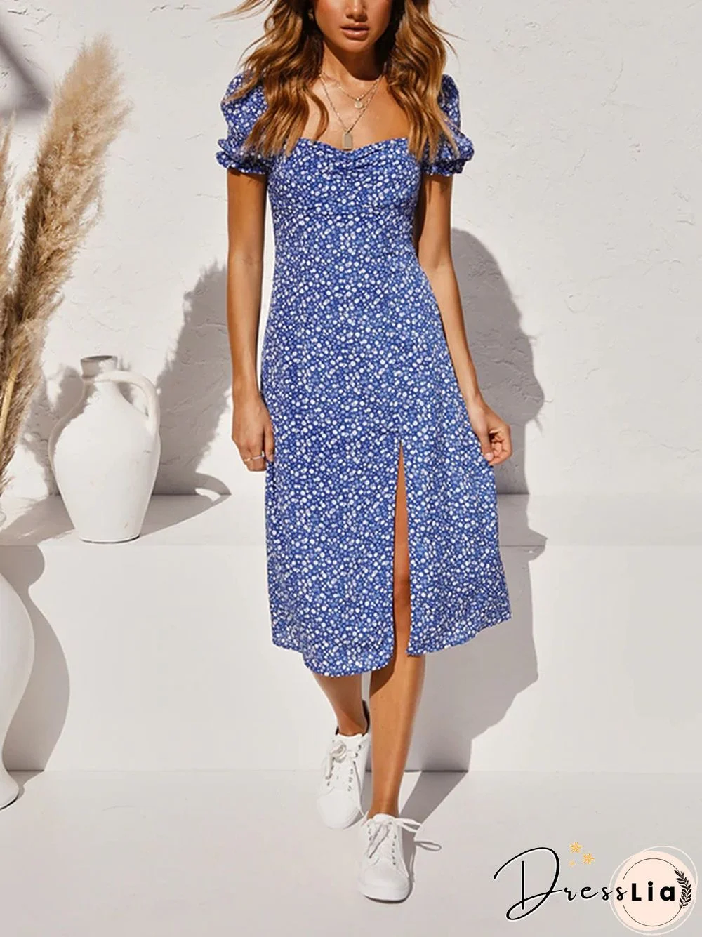 Puff Sleeves Ruched Bust Split Floral Print Midi Dress