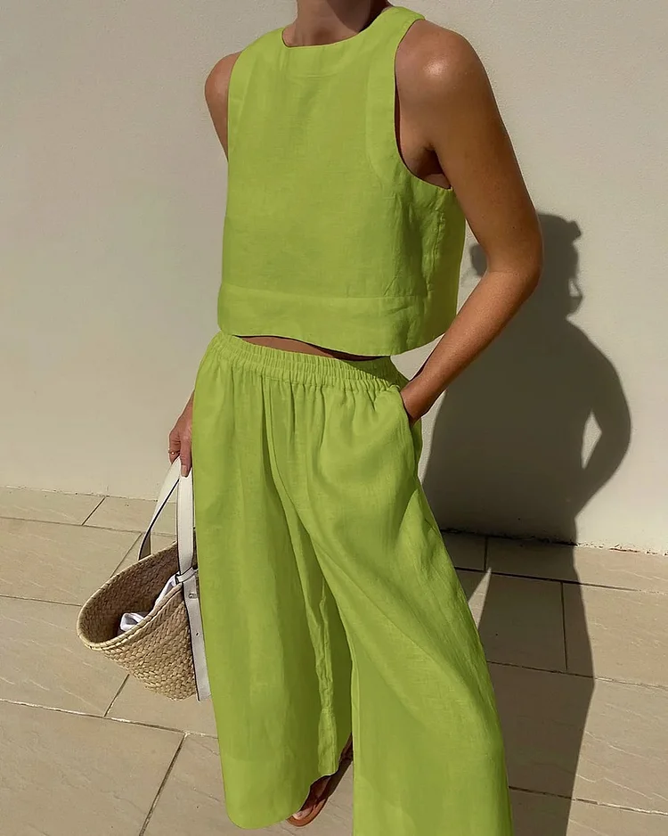 Women's Casual Set Loose Solid Color Sleeveless Shirt and Wide Leg Trousers Two-Piece Set