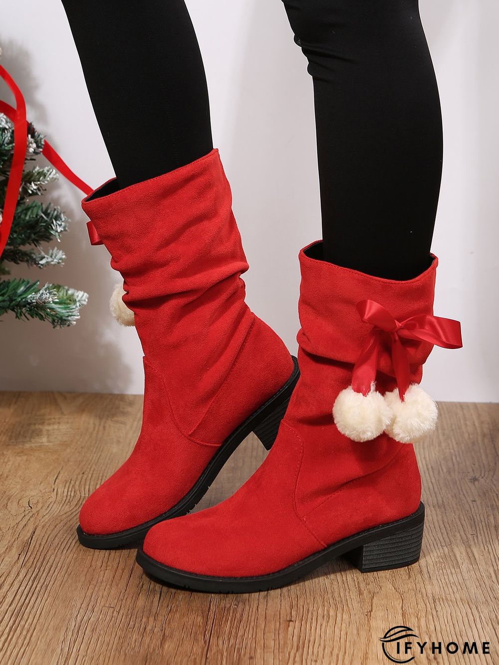 Christmas Pompom Decor Faux Suede Slouchy Boots | IFYHOME