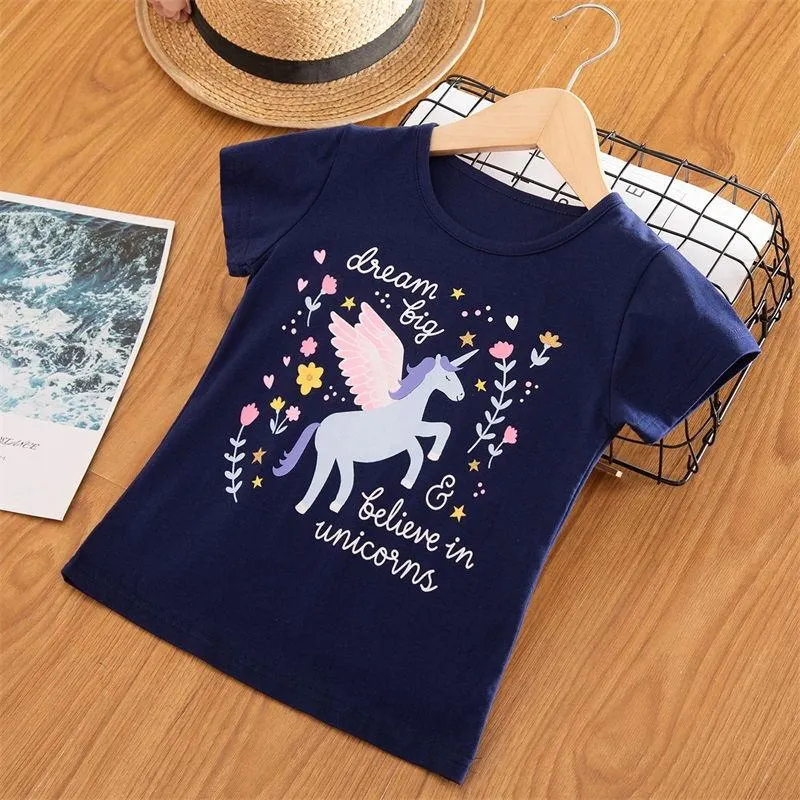Girls T-shirts Short Sleeve Flamingo Unicorn Print Tops for Baby Girl Summer Clothes Sequins Tshirt 3-8Yrs Kids Tees for Girls