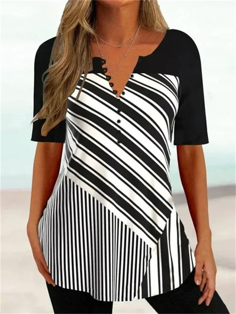 Women's Casual V Neck Stripe Print Bottom Shirt Top
