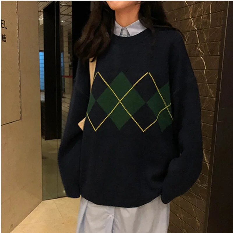 Korean College style Autumn Winter Argyle Pattern Loose O Neck Pullover Basic Knitted Sweater Woman Coat Jumpers