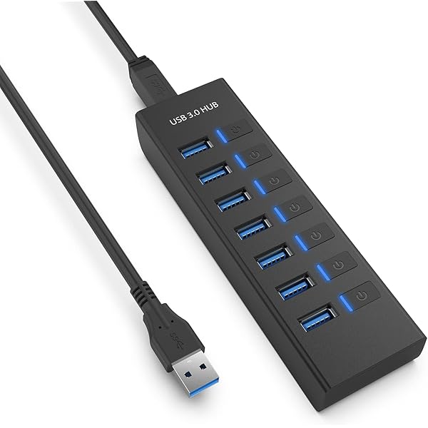USB HUB, JESWO USB Hub 3.0-7 Port USB Extension with Individual Switch with LED Indicator, 5V Power Port, 100cm Long Cable, Multi Port USB Splitter Extender for Laptop PC Macbook Pro and More