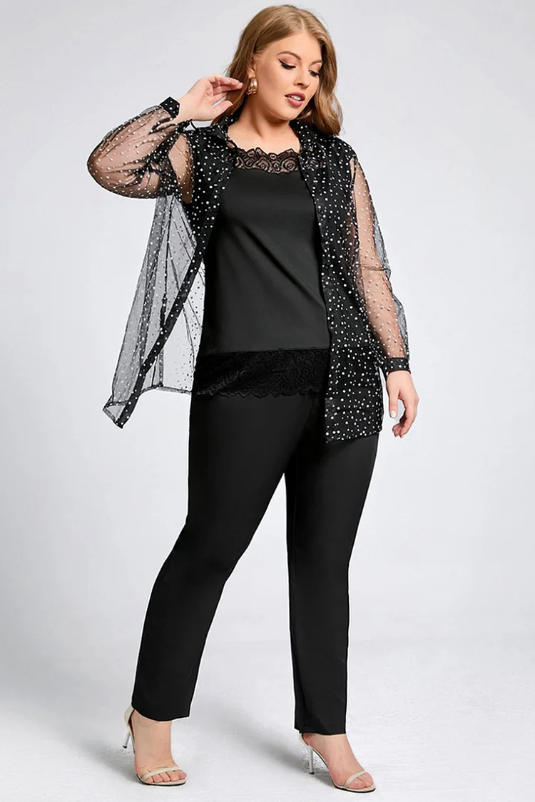 Flycurvy Plus Size Formal Black Chiffon Polka Dot Print Mesh Three Pieces Set Pant Suit  Flycurvy [product_label]