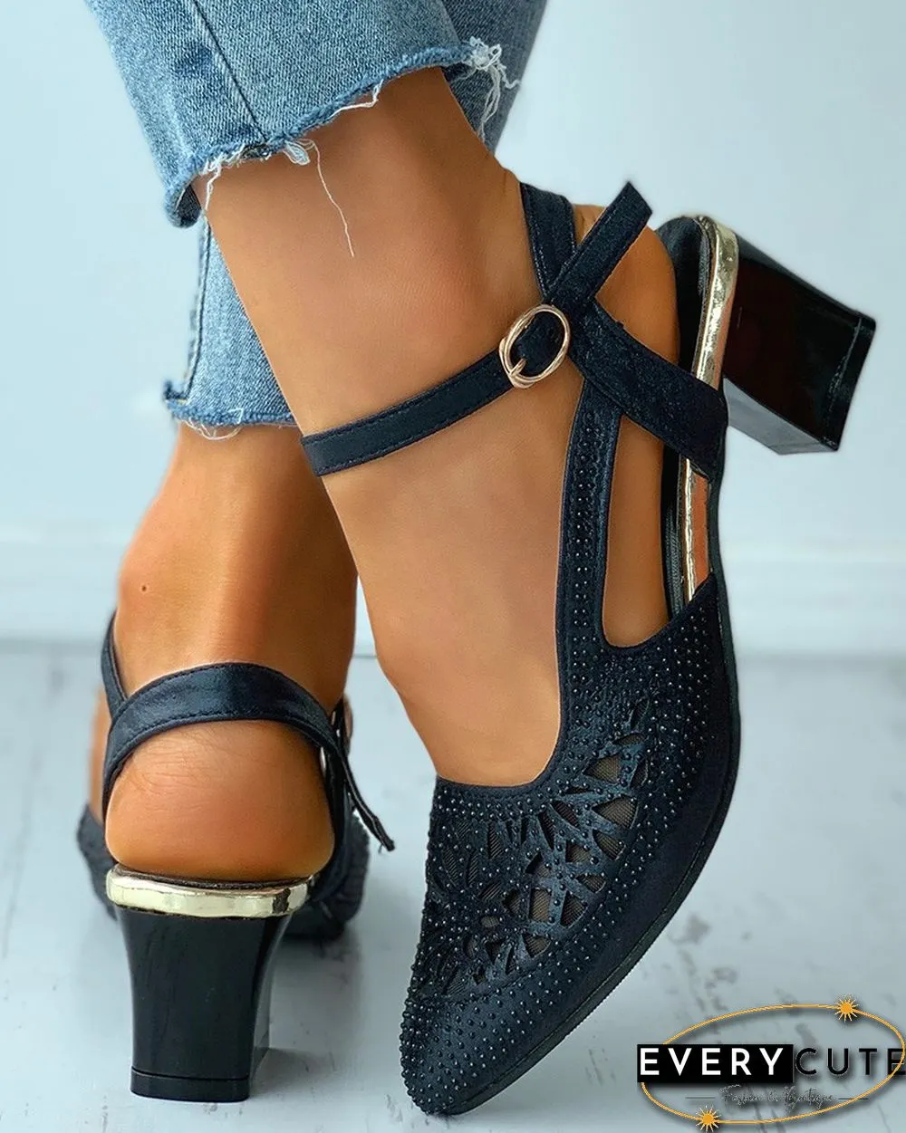 Pointed Toe Studded Cutout Chunky Heels