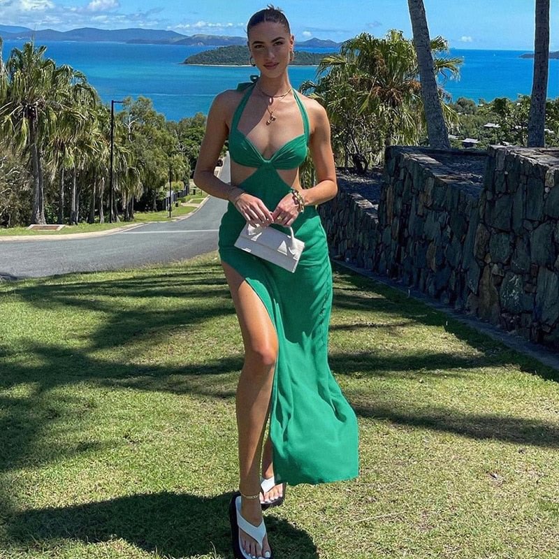 HOT Summer For 2022 Fashion Women'S Clothes Green Romper Sexy Bandage Split Casual Evening Party Prom Maxi Dresses Vestidos