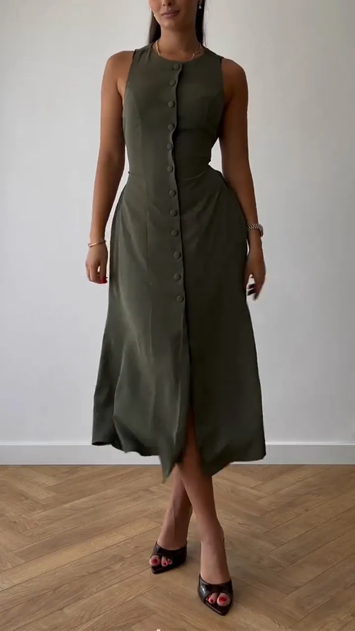 Women's Round Neck Breasted Solid Color Casual Dress