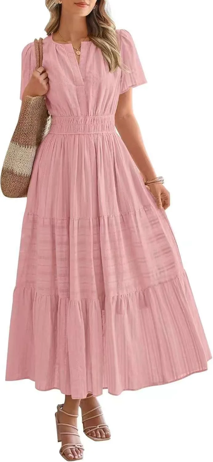 Lightweight Summer Maxi Dress with Pockets, V-Neck & Elastic Waist 
