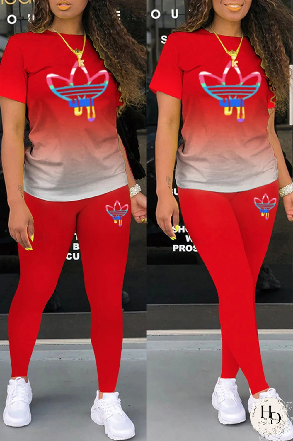 Black Casual Gradual Change Print Basic O Neck Short Sleeve Two Pieces