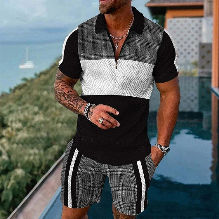 BrosWear Men's Patchwork Casual Short Sleeve  Polo Shirt And Short Co-Ord