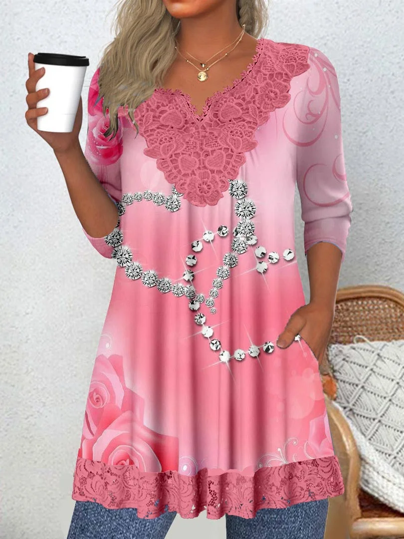 Women Long Sleeve V-neck Love Floral Printed Graphic Lace Pockets Tops