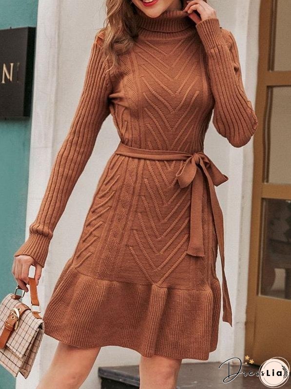 Ruffle Hem Belted Sweater Dress for Women