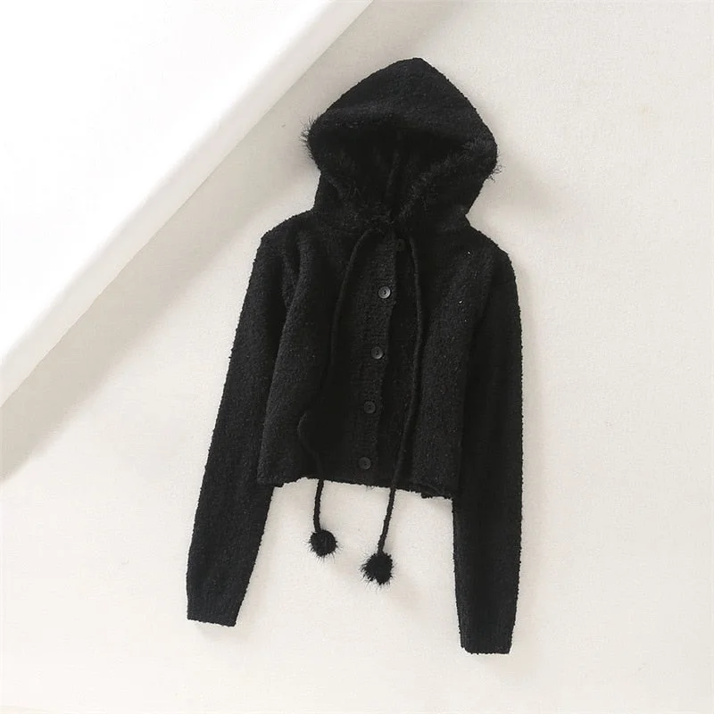 2020 Women Teddy Hairy Drawstring Hooded Sweater Retro Vintage Single-breasted Hooded Knitted Cardigan Tops 4ZM3