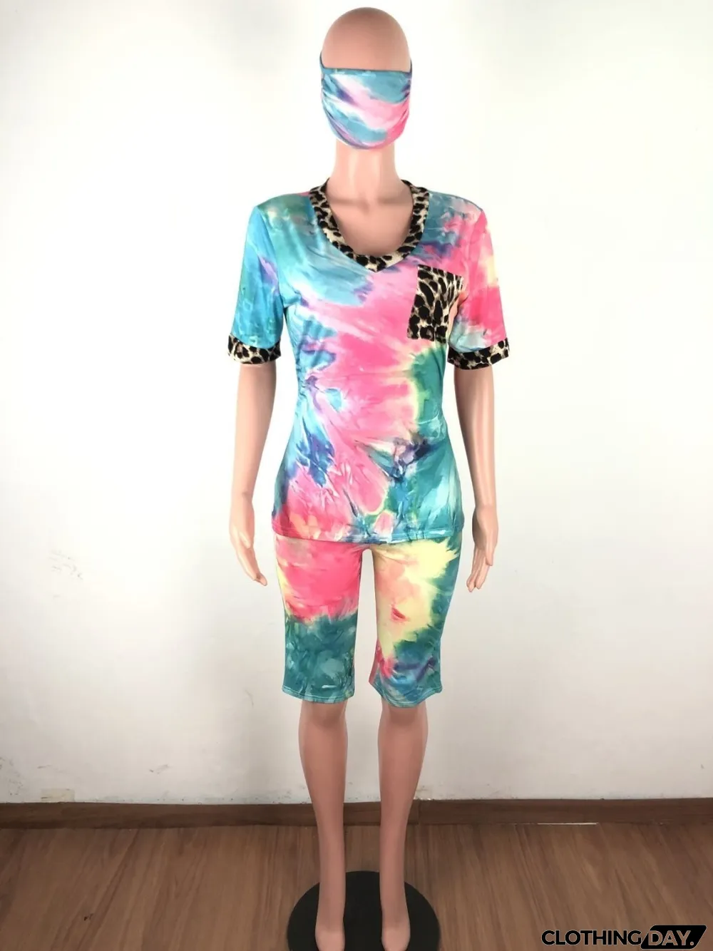 Summer Tie Dye Two Piece Shorts Set with Face Cover