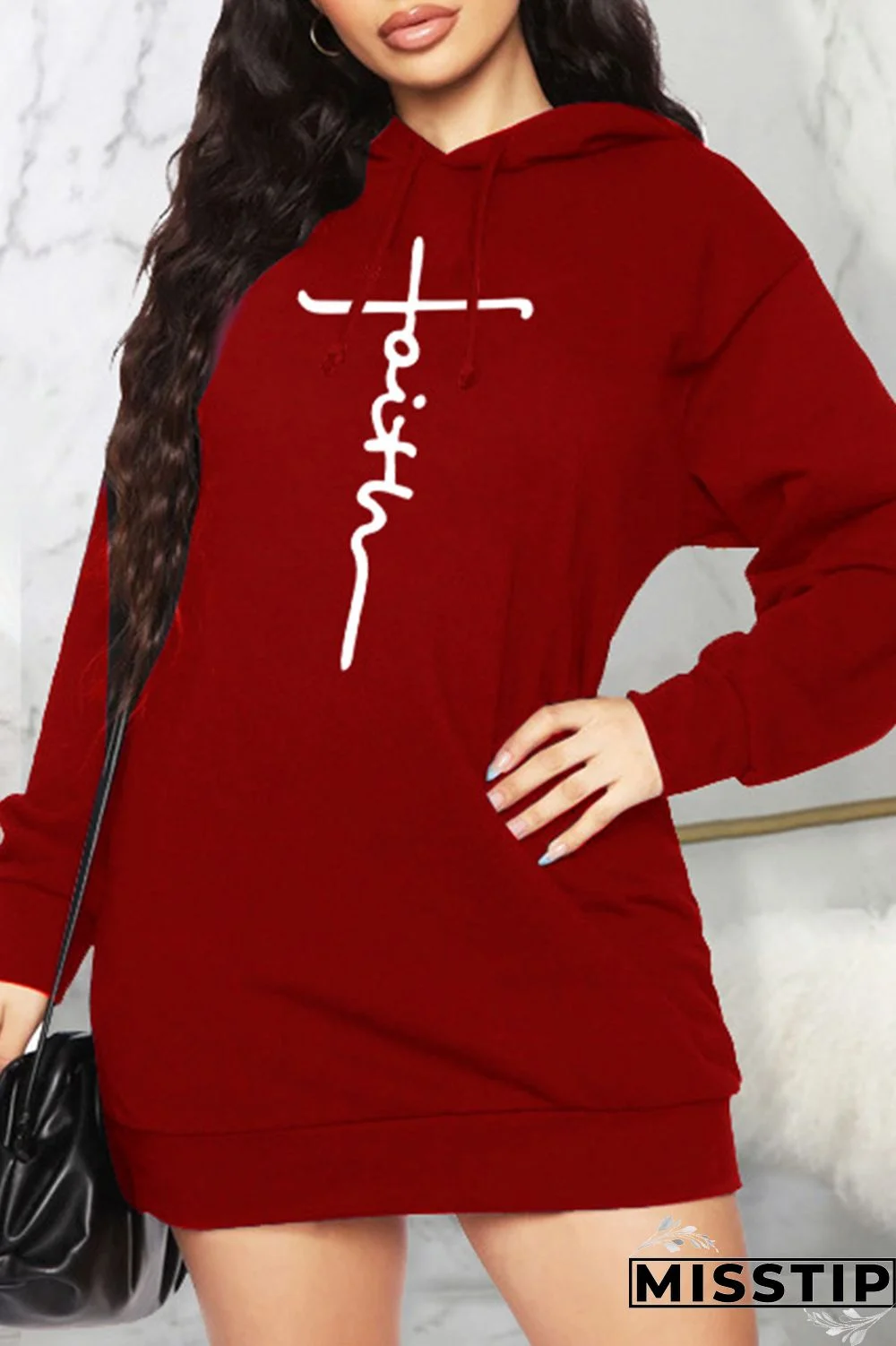 Black Casual Print Patchwork Hooded Collar Long Sleeve Dresses