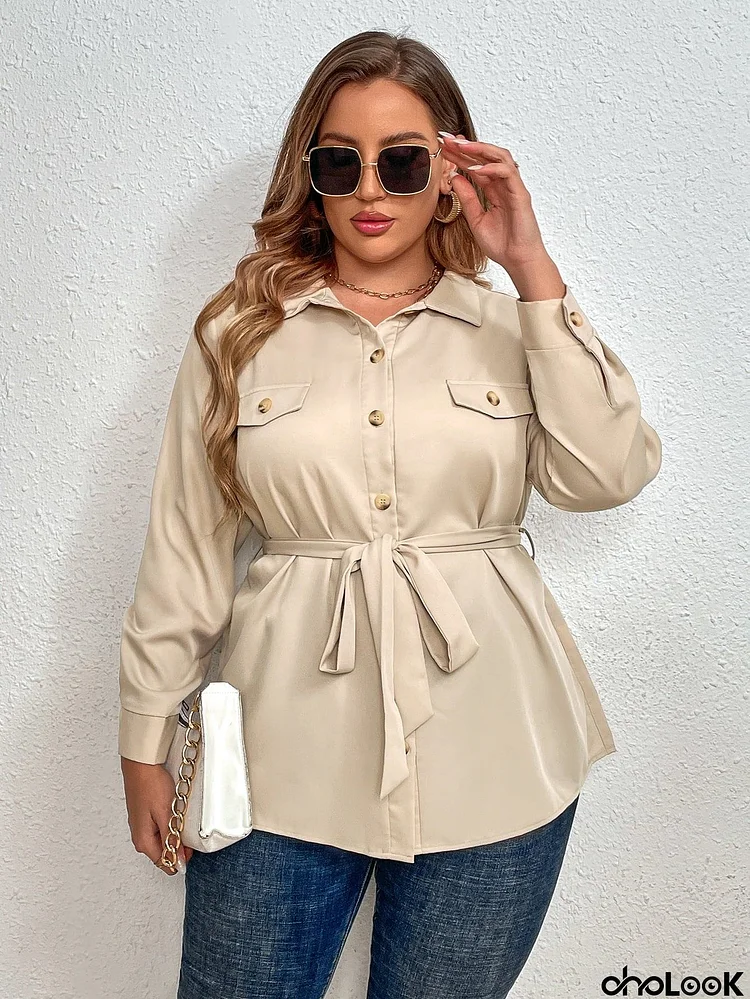 Plus Size Tie Belt Long Sleeve Shirt