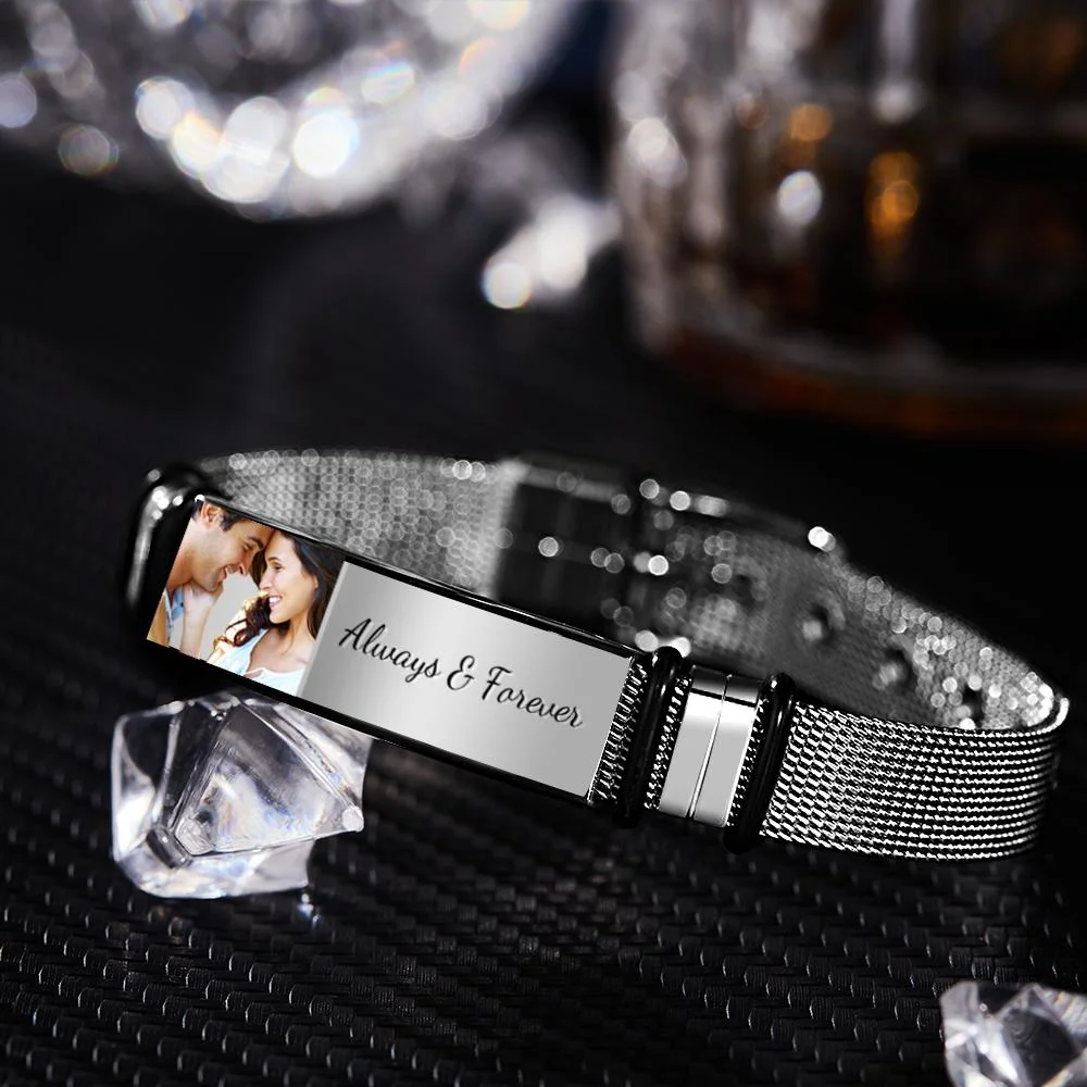 Custom Photo And Engraved Stainless Steel Bracelet Gift For Couples