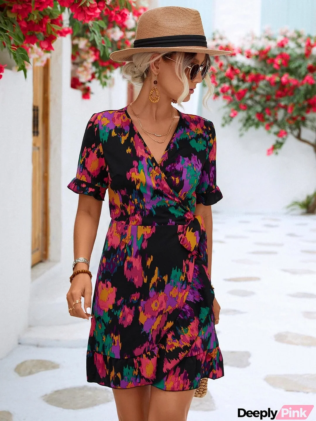 Printed Flounce Sleeve Tied Dress
