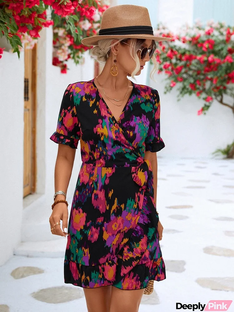 Printed Flounce Sleeve Tied Dress