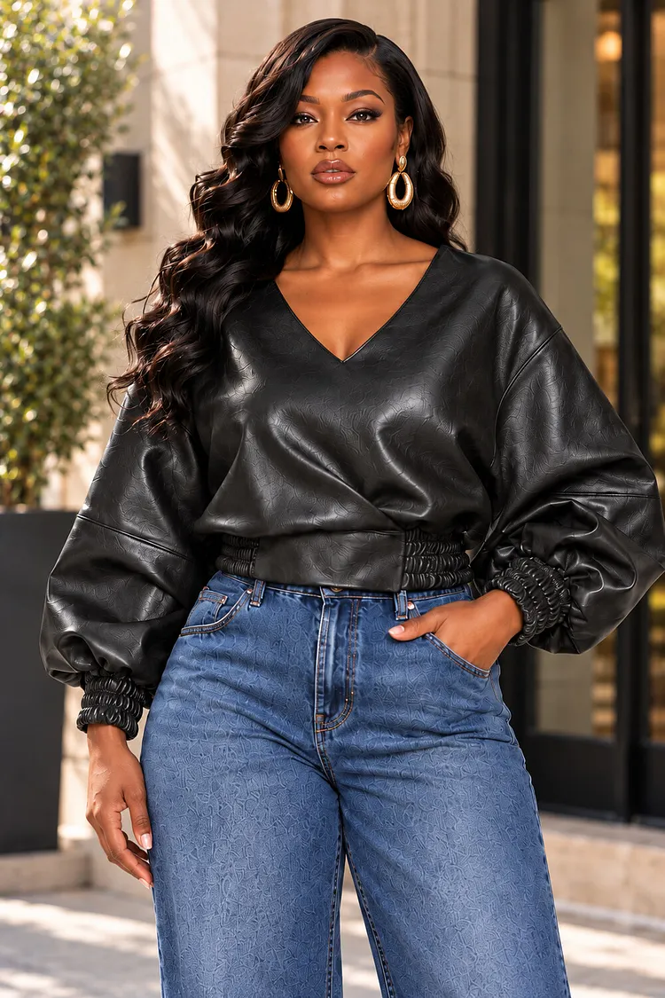 Xpluswear Design Plus Size Daily Black V Neck Puff Sleeve Long Sleeve PU Leather Blouses [Pre-Order] 2024 - Xpluswear