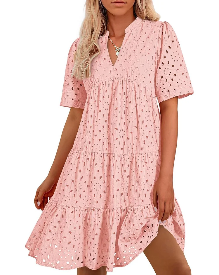 Hot Sale-Women's Elegant Hollow Out Lace Ruffle Casual Mini Dress