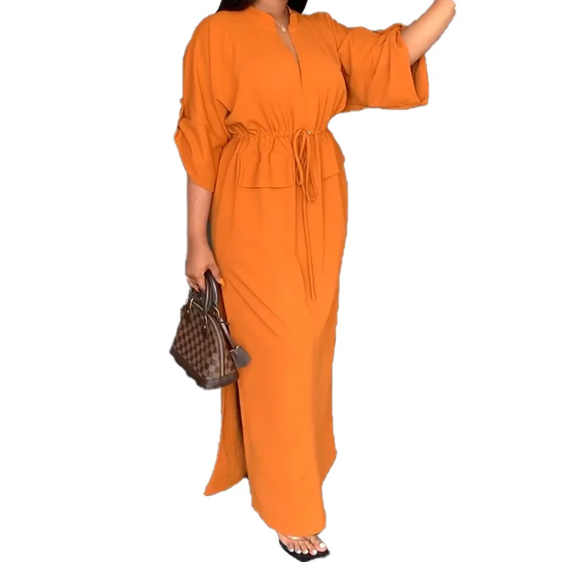 Brownm Brownm New Women's Wear Temperament V Tie With Waist Loose Casual Plus Size Winter Dress