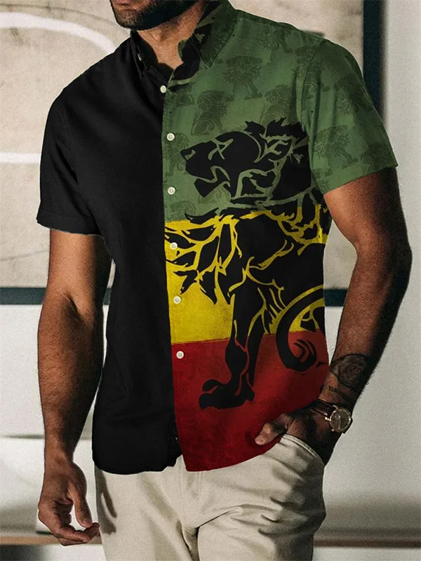 Men's Color Block Art Lion Graphic Hawaiian Button Shirt