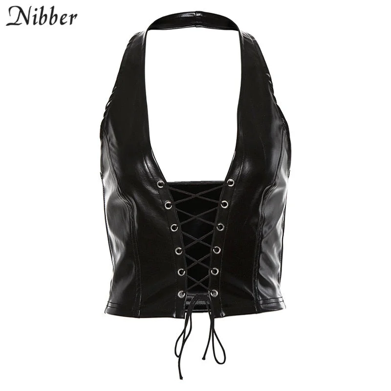 Nibber Sexy Punk Y2K Black Leather Crop Top Womens Hollow Backless camisole 2021 Summer Vest Fashion Club Party Wear Tank Tops