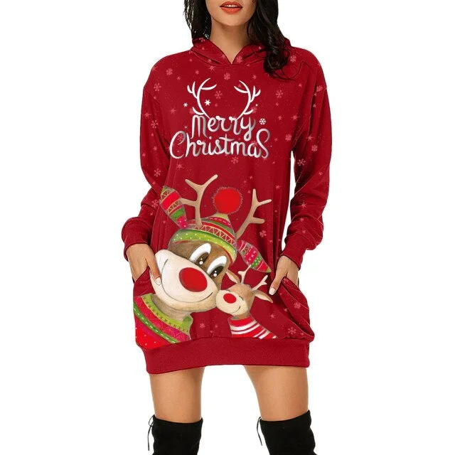 Womens Merry Christmas Dresses Casual Hoodies Sweatshirts Dress With Pockets-elleschic