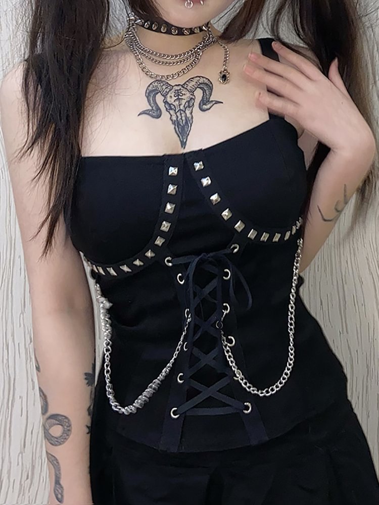 Goth Dark Mall Gothic Rivet Eyelet Lace Up Bodycon Camis Women Grunge Egirl Black Sleeveless Crop Tops Chain Alternative Clothes - Life is Beautiful for You - SheChoic