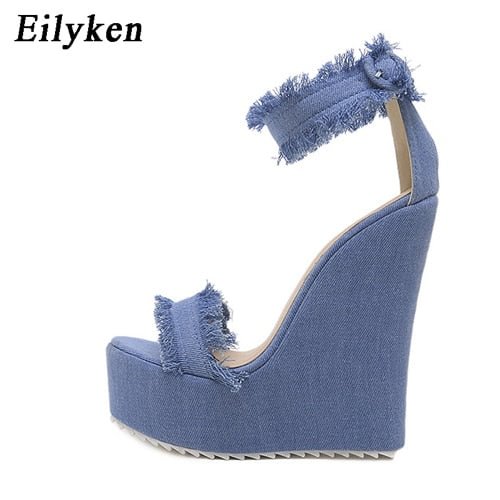 Eilyken 2022 New Designer Denim Sandals Summer Roman Sandals High Quality Wedges High Heels Peep-Toe Platform Shoes Woman