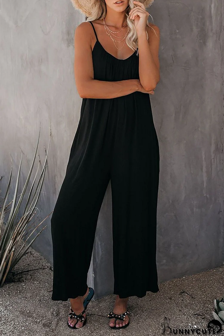 Strap Jumpsuit Women's New Solid Color Pocket Casual Jumpsuit