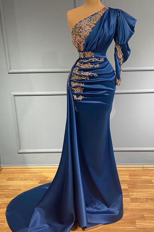 Bellasprom One Shoulder Mermaid Evening Dress Navy Blue With Beads Long Sleeves Bellasprom