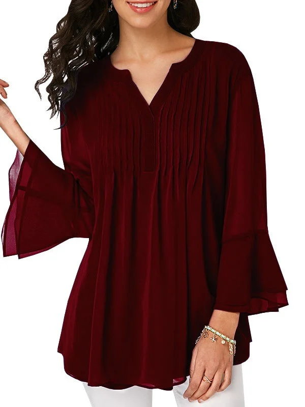 Women's V-neck Long Sleeve Solid Color Tops