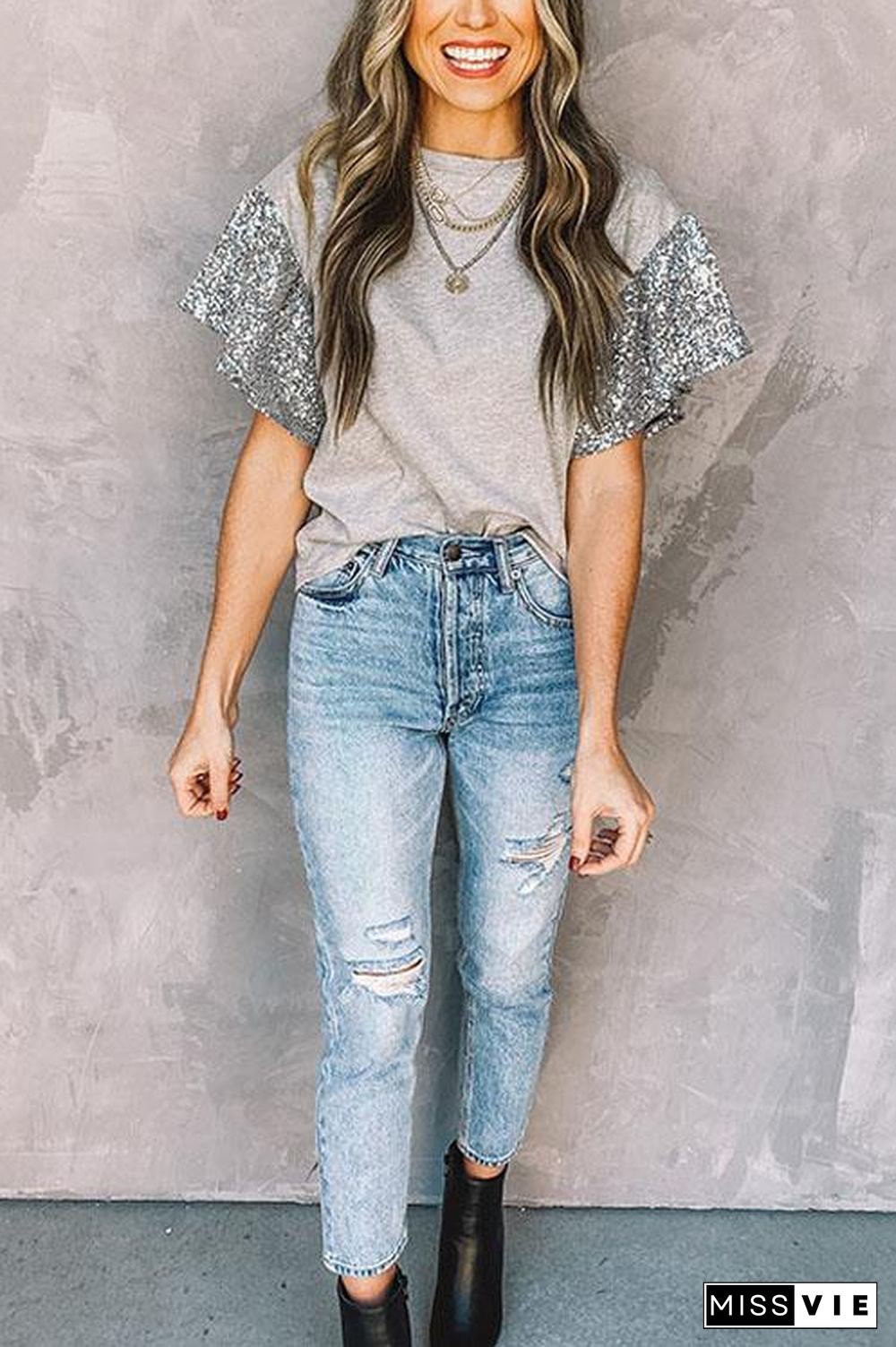 Short Sleeve Sequin Round Neck T-Shirt Top