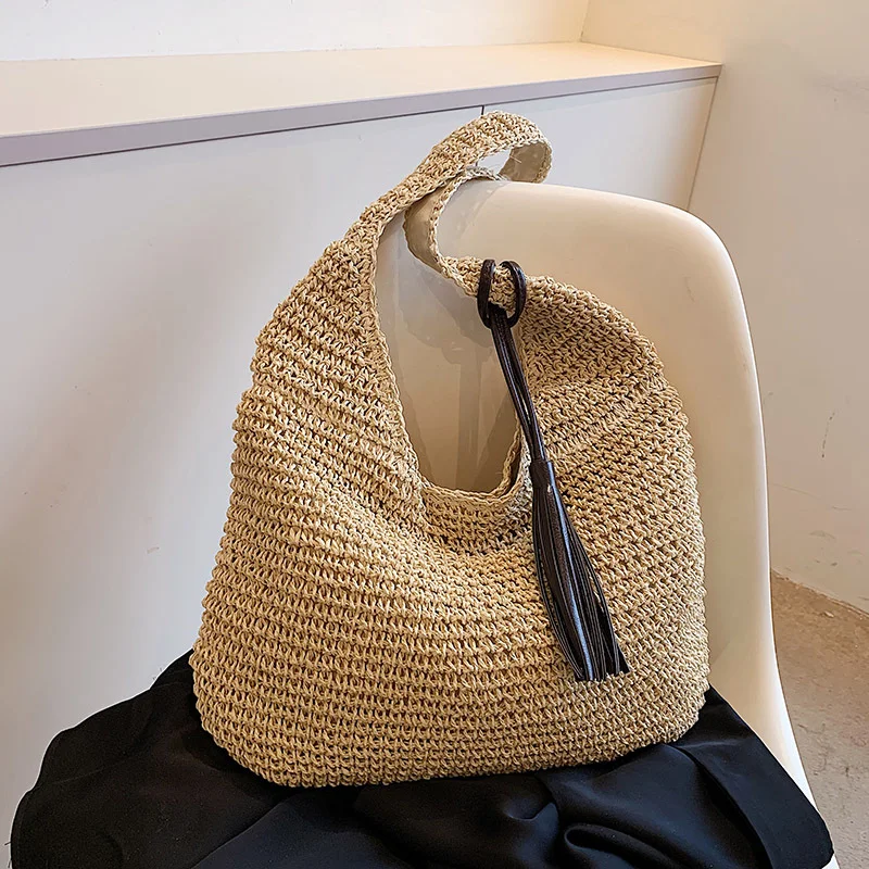Pongl Pongl Large-Capacity Herb Bag Woman 2025 New Sen Family Retro Weaving Bag Seaside Vacation Beach Shoulder Bag