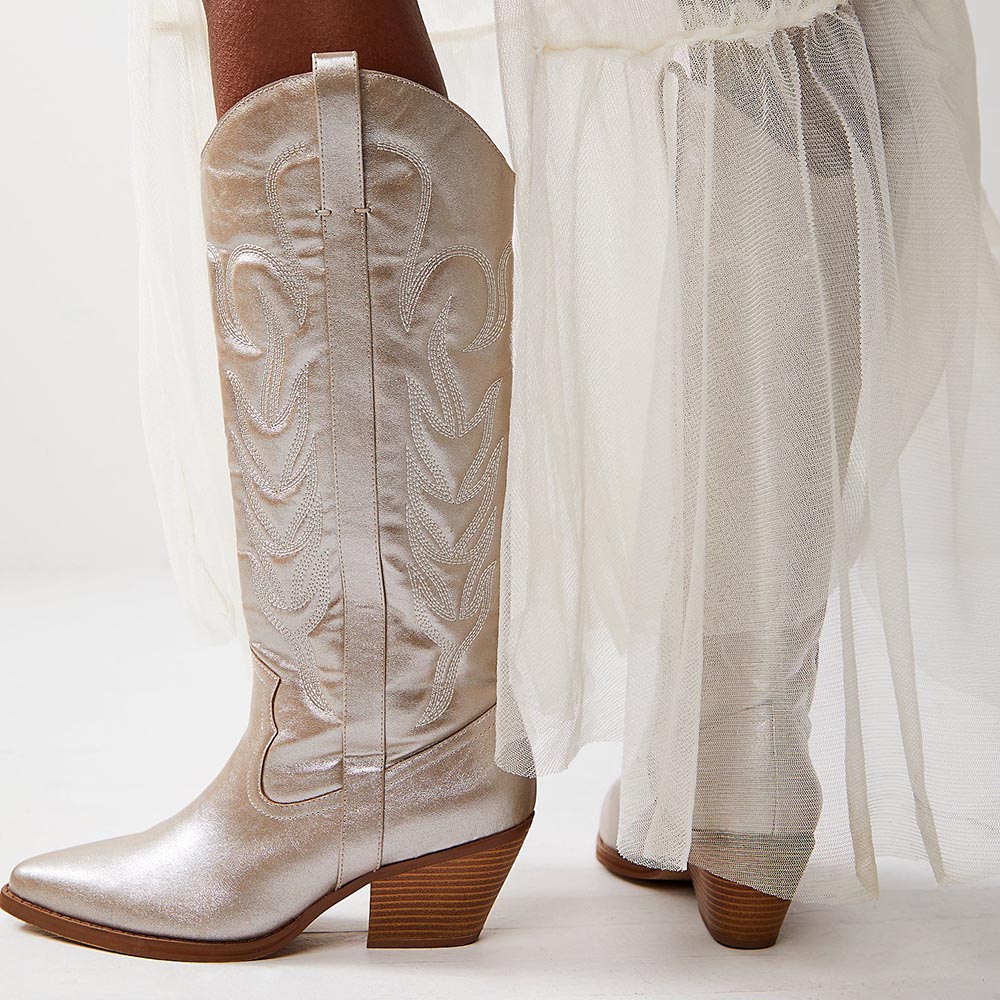 Champagne Sparkling Pointed Toe Chunky Heel Mid-Calf Cowgirl Boots Nicepairs