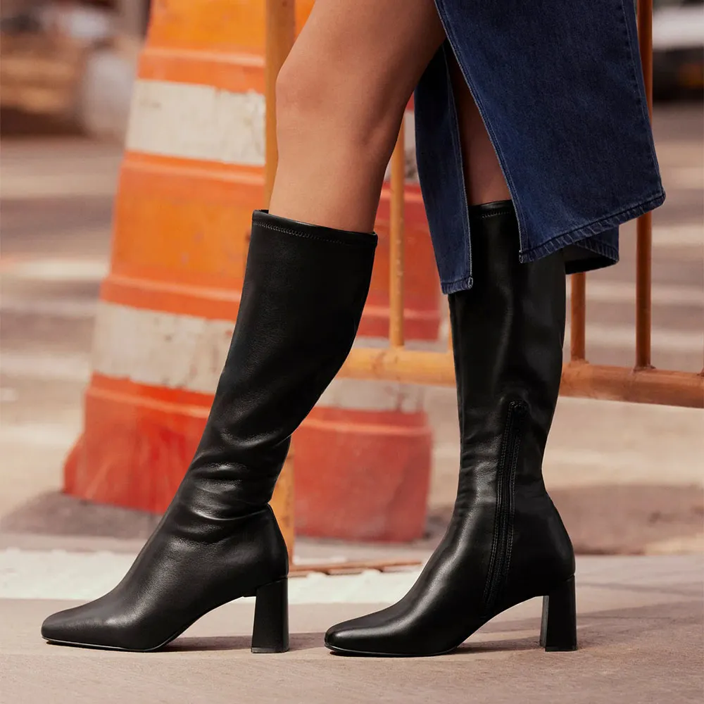 Chic Black Square Toe Chunky Heel Knee High Boots with Zipper