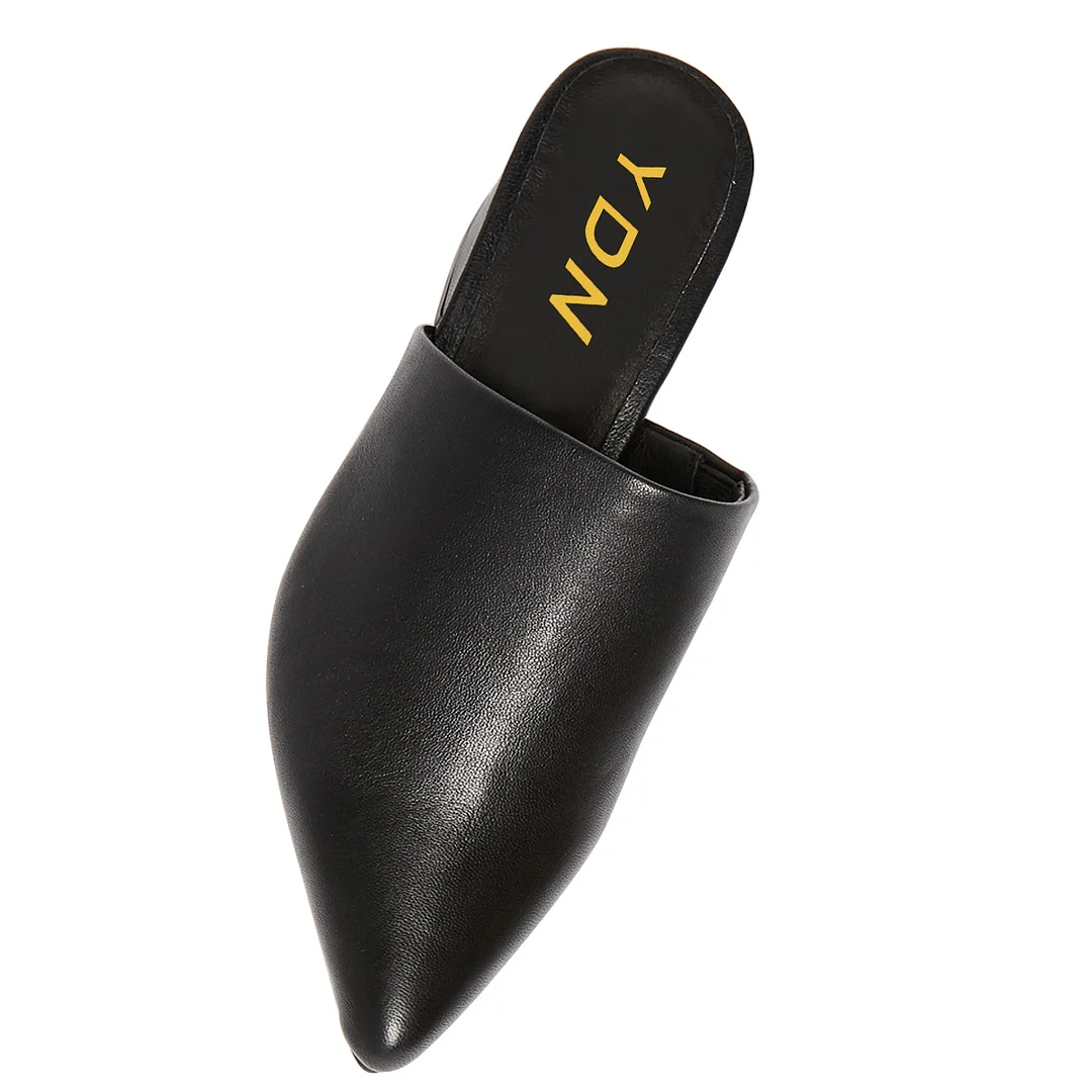 Women's Black Vegan Leather Pointed Toe Classy Mules with Block Heels