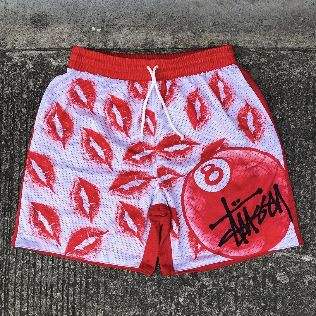 Fashion Letters Lipprint Print Mesh Shorts