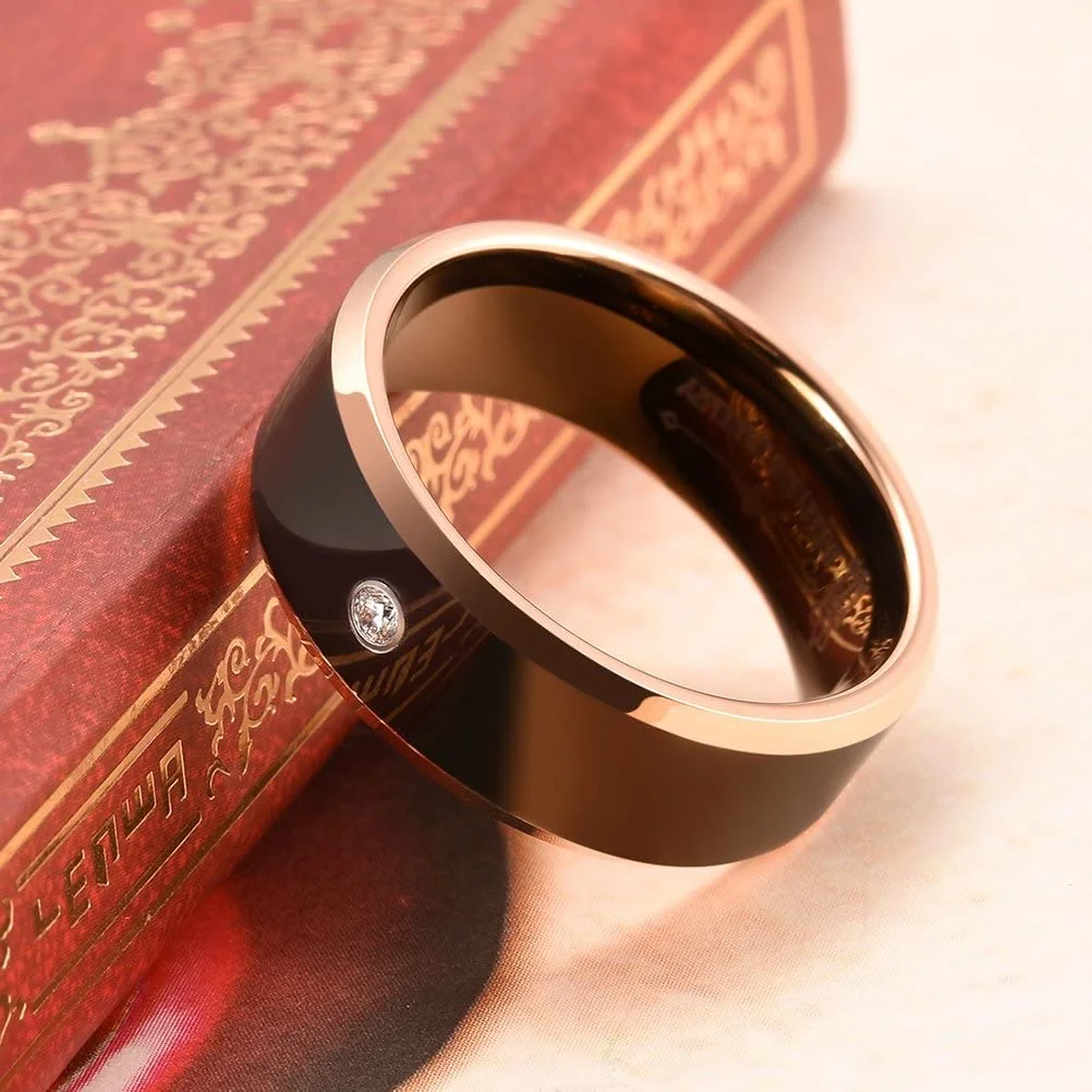 6MM 8MM Women's Or Men's Rose Gold Tungsten Carbide Rings Black Polished Beveled Edge Zircon Inlay
