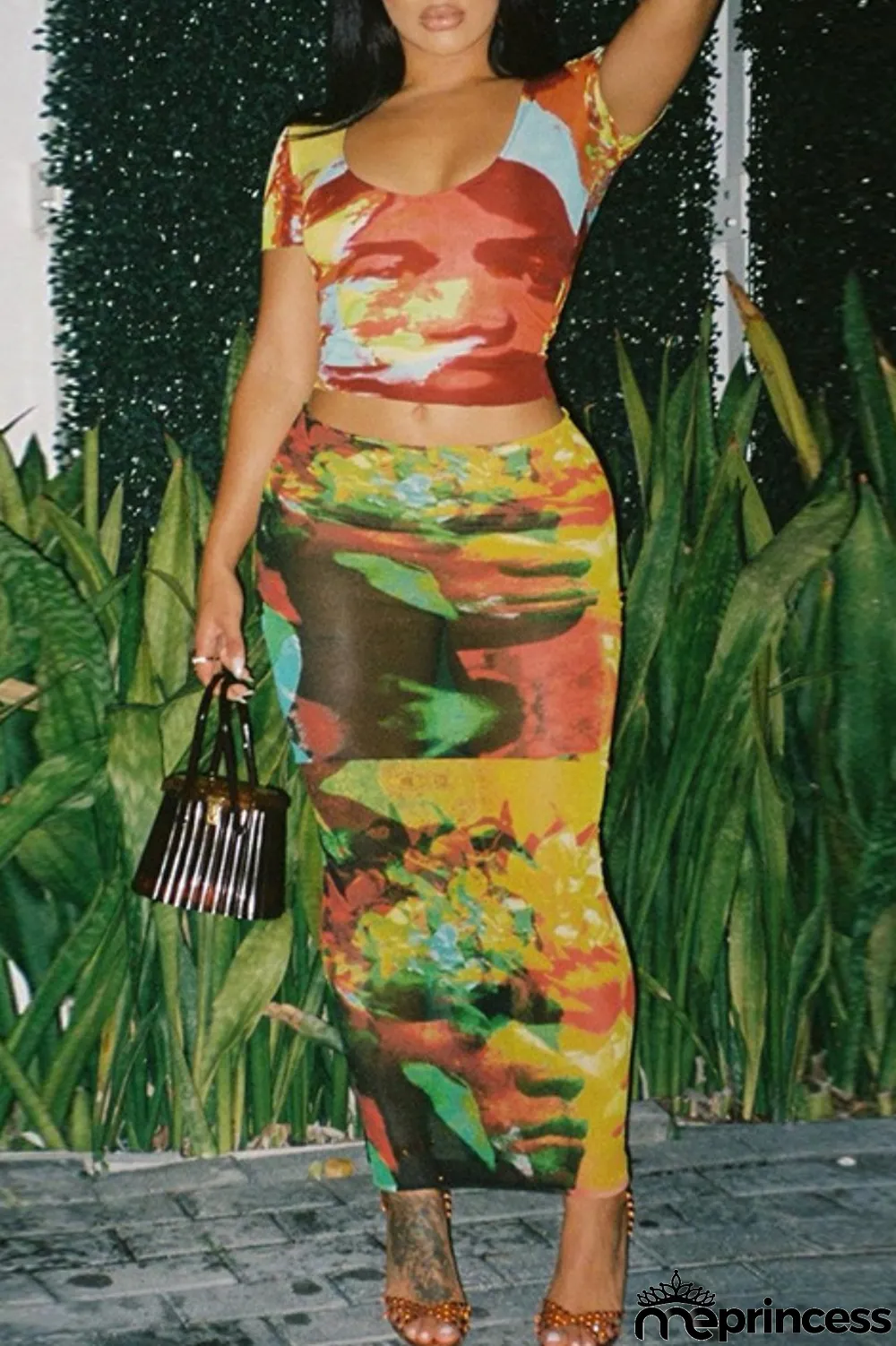 Colour Sexy Print Basic O Neck Short Sleeve Two Pieces