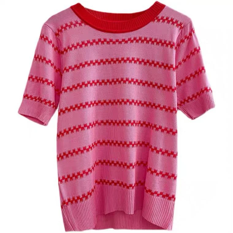 Uveng Uveng Ice Silk Striped Knitted Short-Sleeved T-Shirt For Women's 2023 Summer New High-Waisted Loose Bubble Sleeve Short Blouse