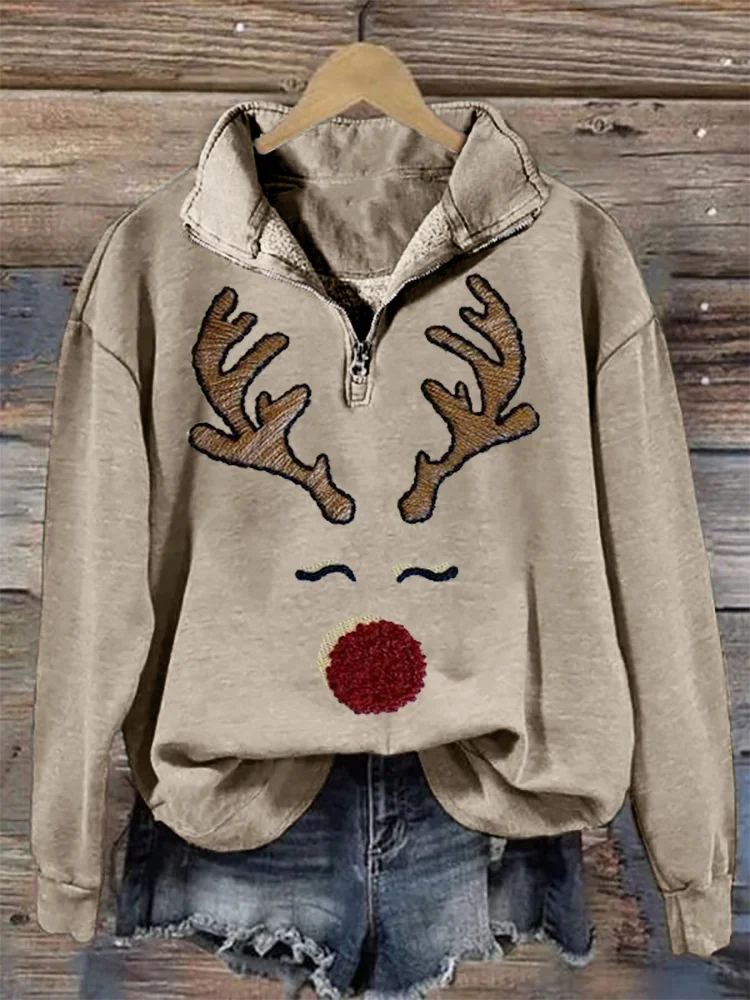 Comstylish Christmas Reindeer Face Embroidery Zip Up Sweatshirt