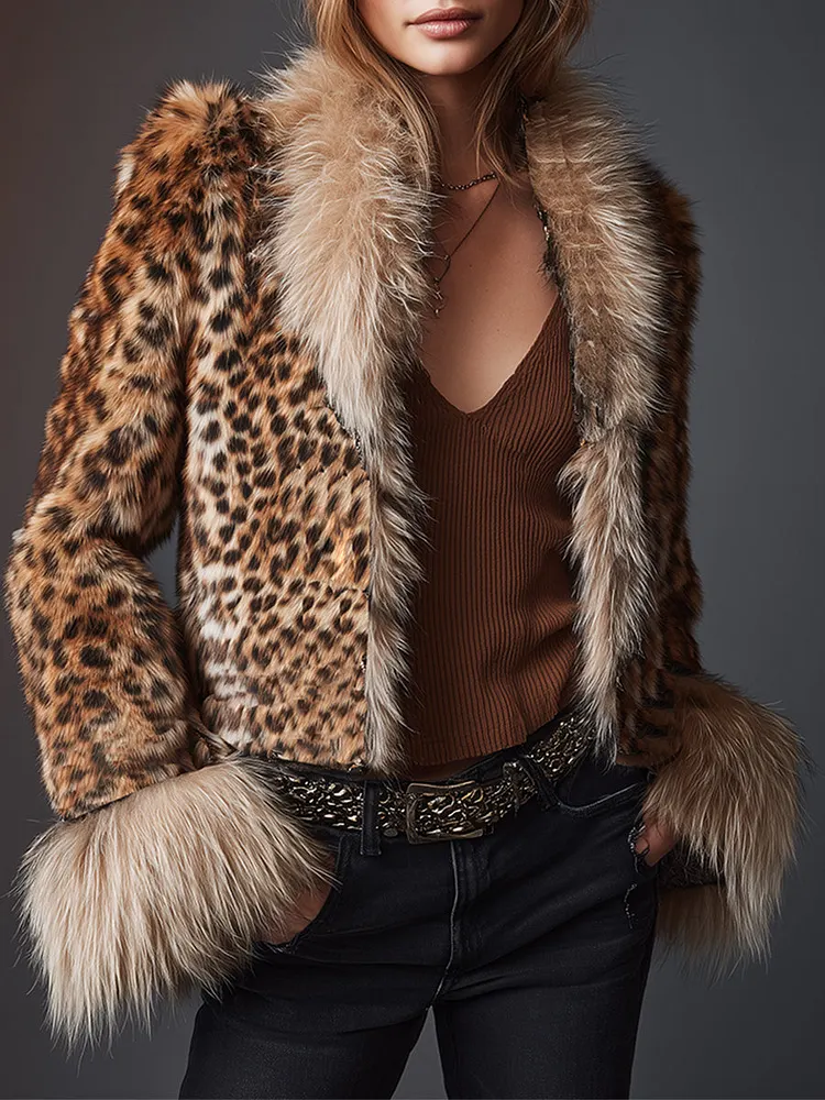 Vintage Fashion Brown Leopard  Faux Fur Jacket