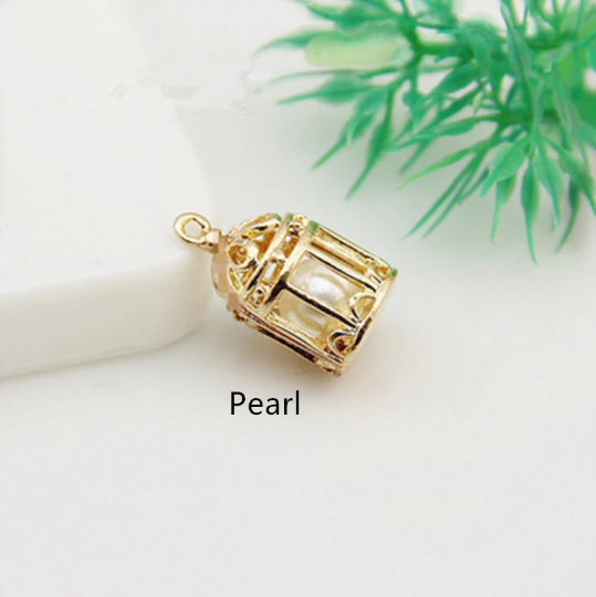 3D Bird Cage Charm,10Pcs Gold Crystal Charms Pendant,Pearl Charm Fit DIY Earring Necklace Jewelry Accessory DIY Craft