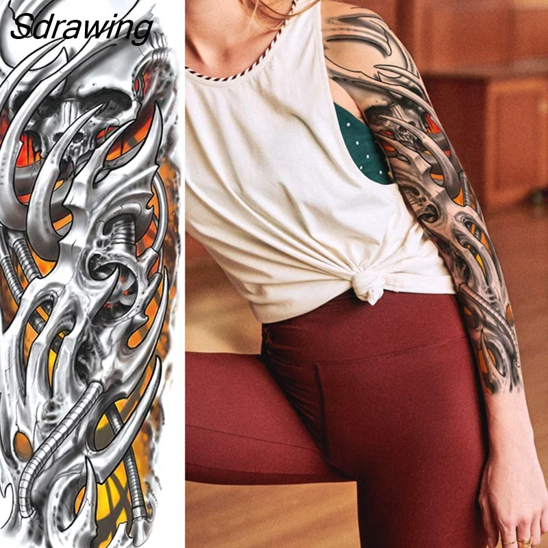 Sdrawing Totem Tattoo Arm Sleeve For Men Women Adult Realistic Fake Skeleton King Temporary Tattoo Evil Eye Demon Death Skull Tatoo