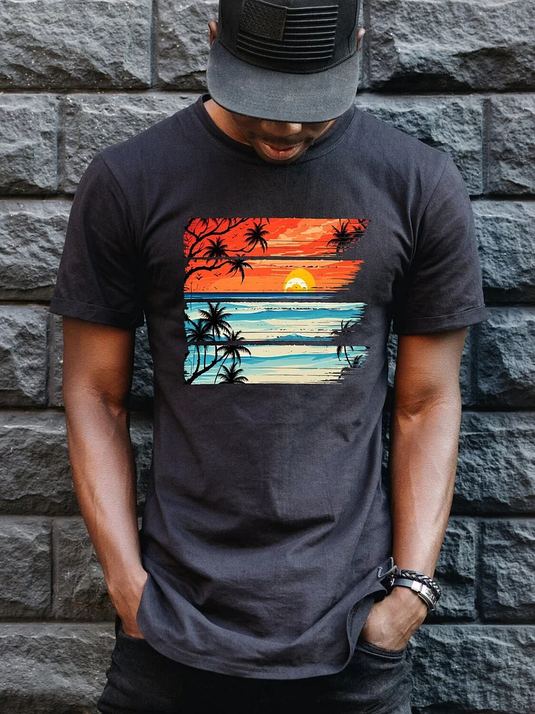 Men's Retro Tropical Sunset Scene Print T-Shirt