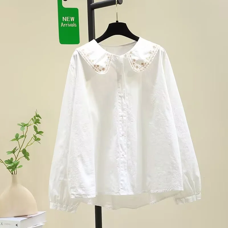 Athvotar Athvotar Embroidered Doll Collar White Shirt Women 2025 New Loose Thin Lantern Sleeve Shirt Top